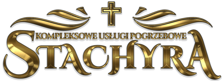 Eleganckie, złote logo firmy "Stachyra" oferującej kompleksowe usługi pogrzebowe. W centralnej części znajduje się chrześcijański krzyż otoczony ozdobnymi zawijasami.
